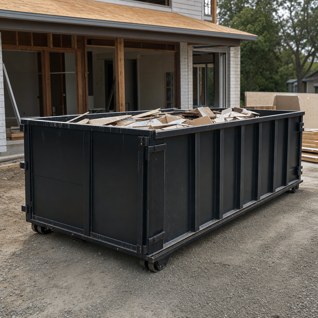 Large matte-black 30-yard construction roll-off dumpster at an active New Bedford jobsite, steel-gray top rails and bottom rollers visible, loaded with construction debris.