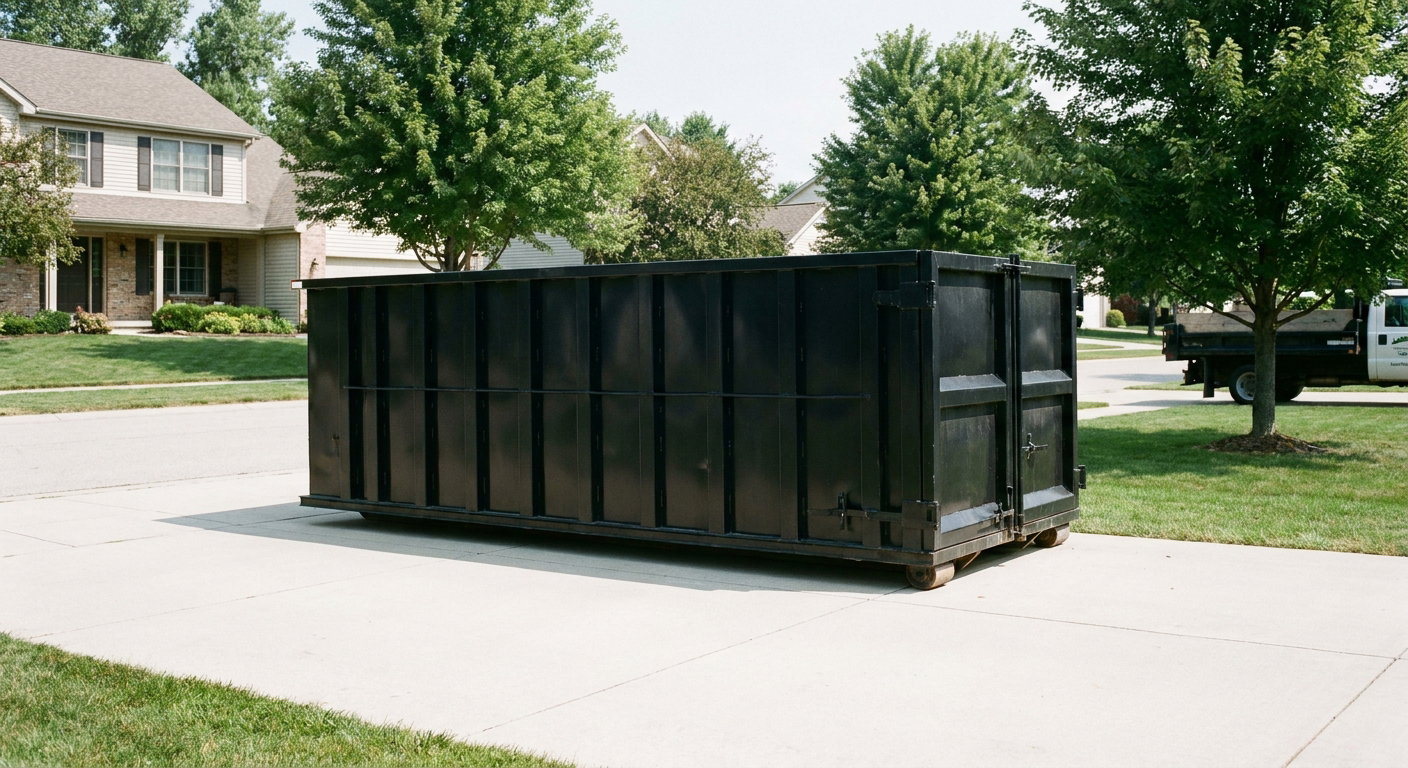 Matte-black 20-yard roll-off dumpster sitting level on a clean New Bedford residential concrete driveway under bright daylight, demonstrating clean placement directly on the concrete.