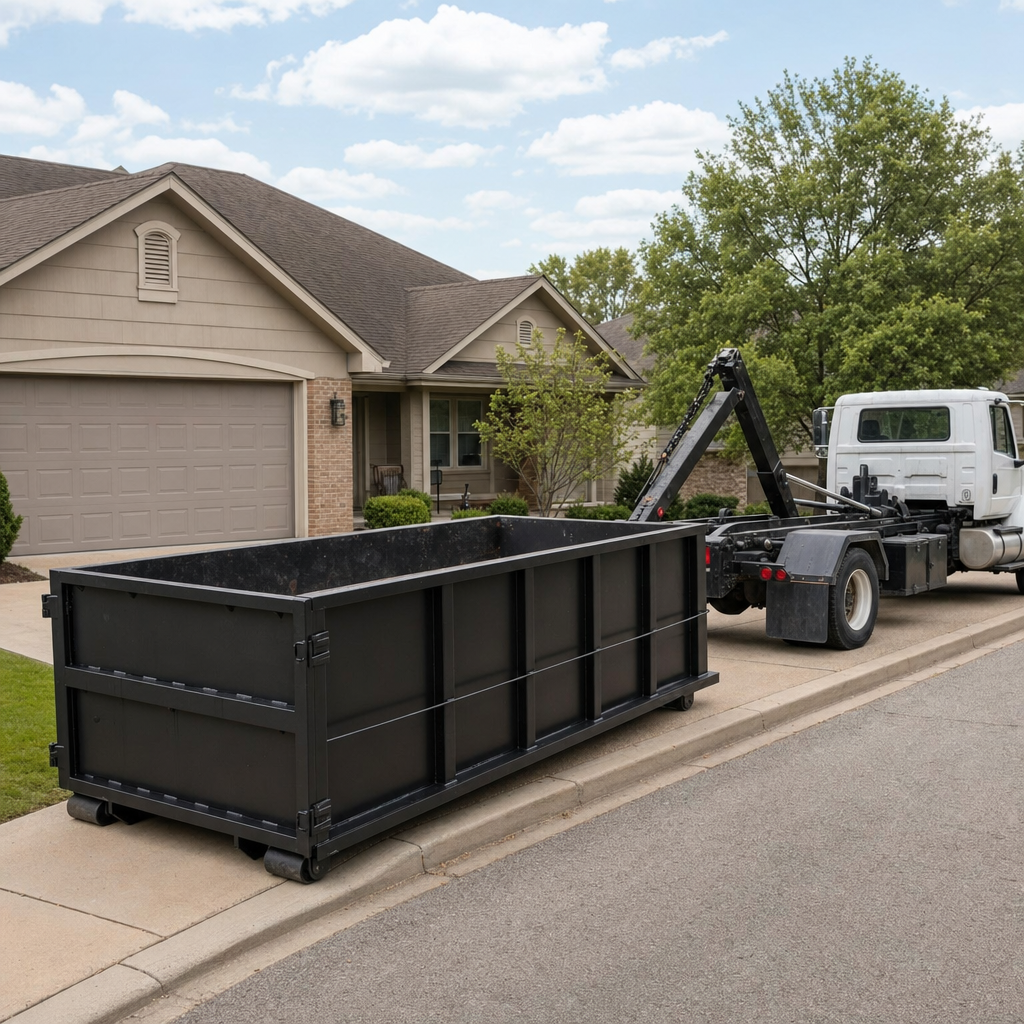 Wide documentary shot of a matte-black roll-off dumpster on a New Bedford residential driveway in the foreground and a contractor jobsite container in the soft-focus background, bright daylight, calm and orderly composition.